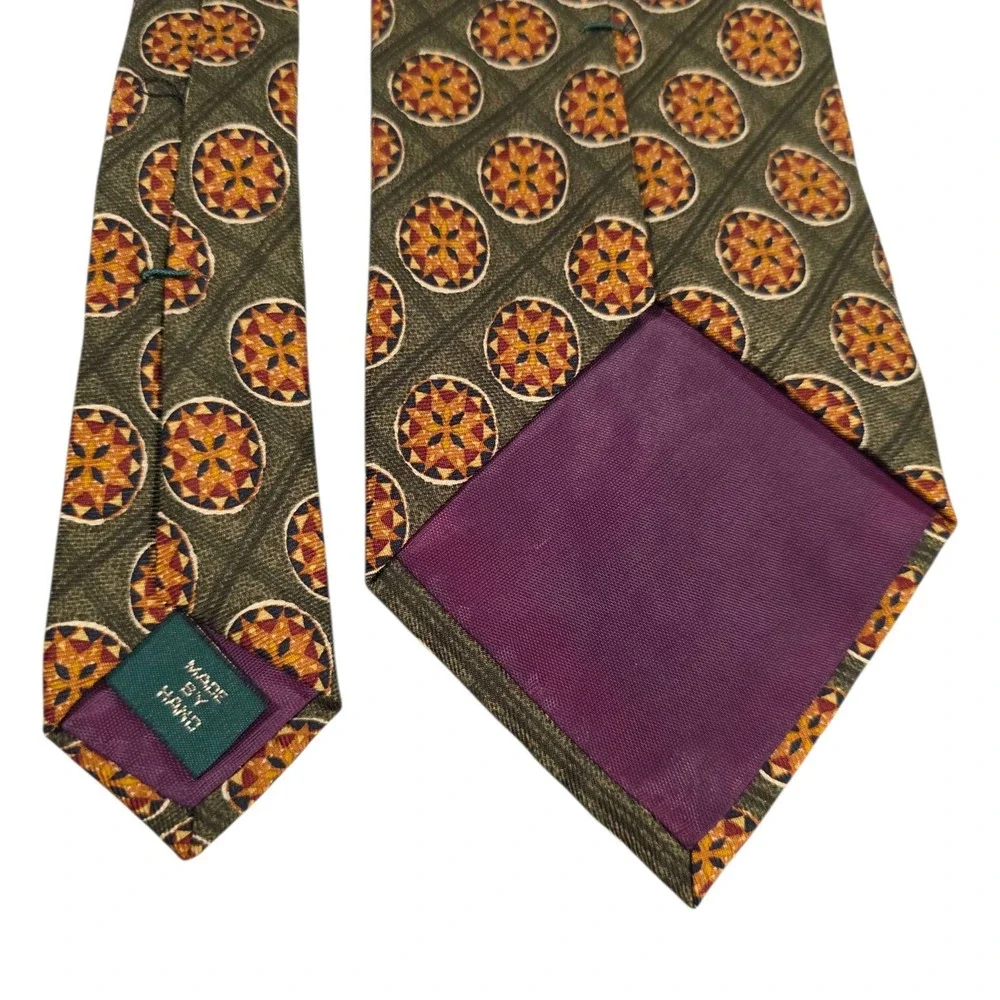 Vintage J.CREW Silk Medallion Pattern Tie Green Orange Men's Luxury Neckwear‎